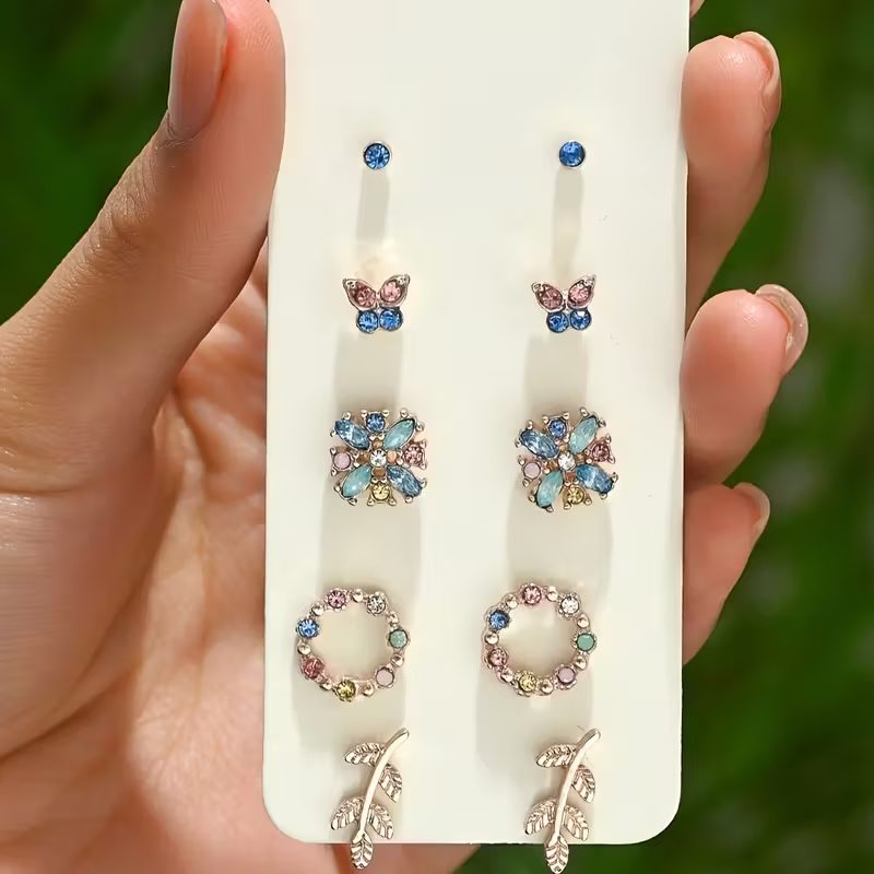 Butterfly & Rhinestone — 5 Pcs Earring Set