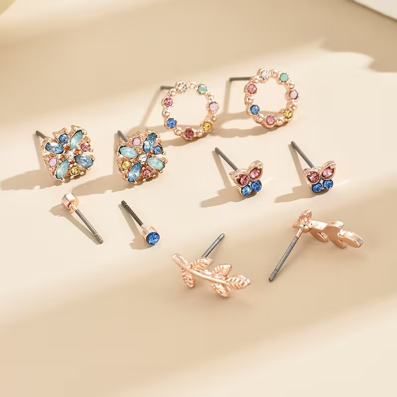 Butterfly & Rhinestone — 5 Pcs Earring Set