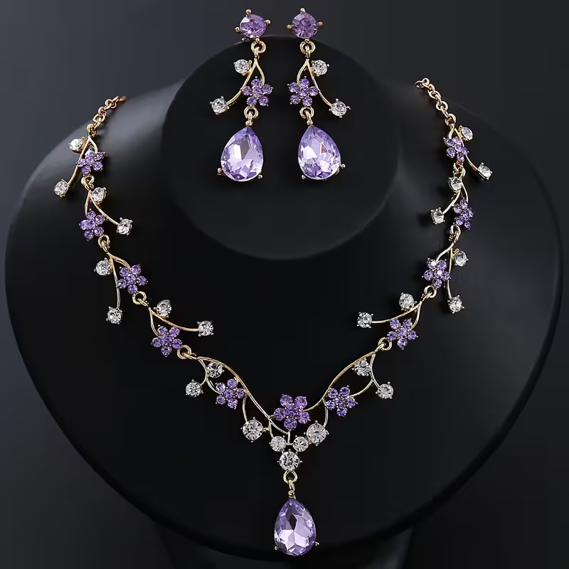 Bridal 2pcs Necklace & Earrings Set — Purple Floral