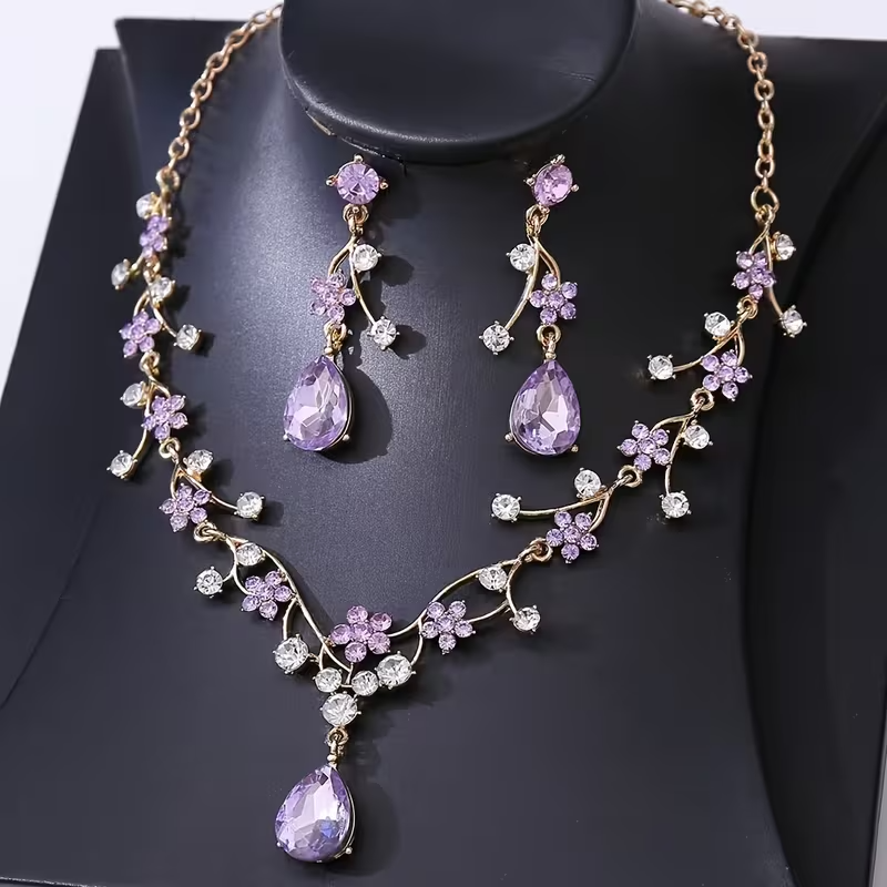 Bridal 2pcs Necklace & Earrings Set — Purple Floral