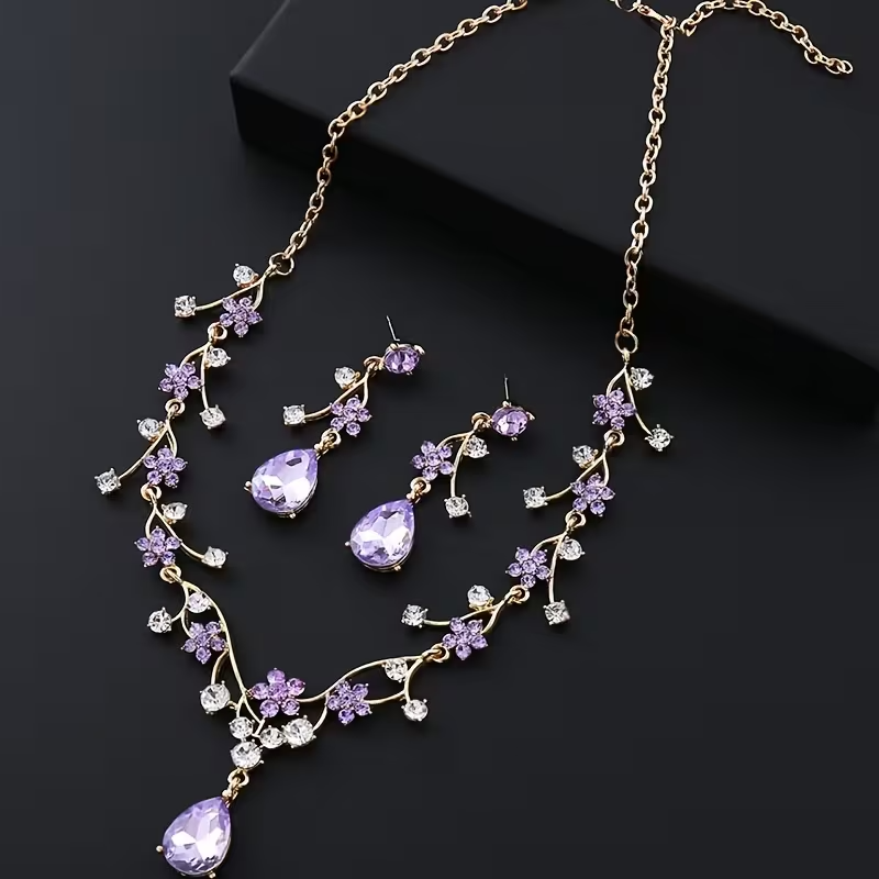 Bridal 2pcs Necklace & Earrings Set — Purple Floral