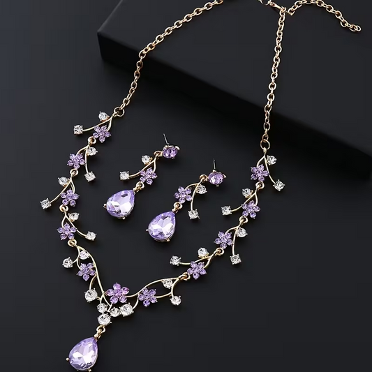 Bridal 2pcs Necklace & Earrings Set — Purple Floral