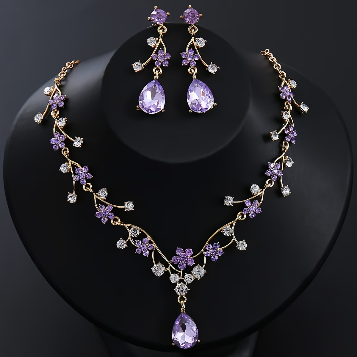 Bridal 2pcs Necklace & Earrings Set — Purple Floral