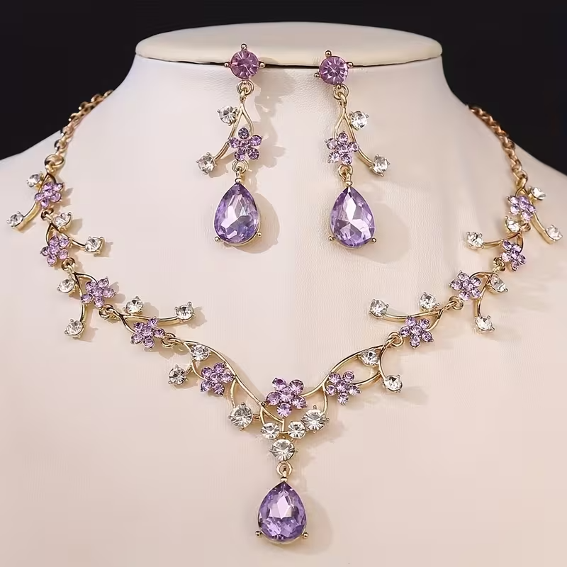 Bridal 2pcs Necklace & Earrings Set — Purple Floral